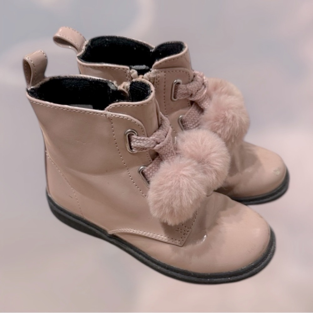 Rachel Kids Lil Paxton pale blush patent moto boots with faux fur pom-poms. 11M